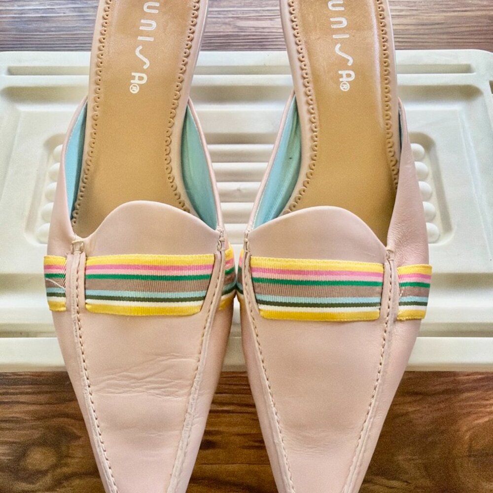 Unisa Pink Pointed Toe Mule Heels Women’s 6.5 Leather Slip On Striped Accent